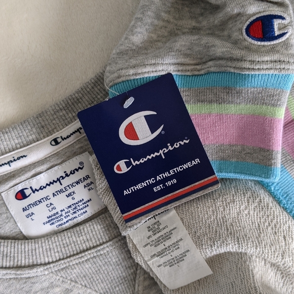 Champion Sweatshirt Rainbow Logo French Terry Crew Raglan Sleeves Grey L NWT - Picture 15 of 15